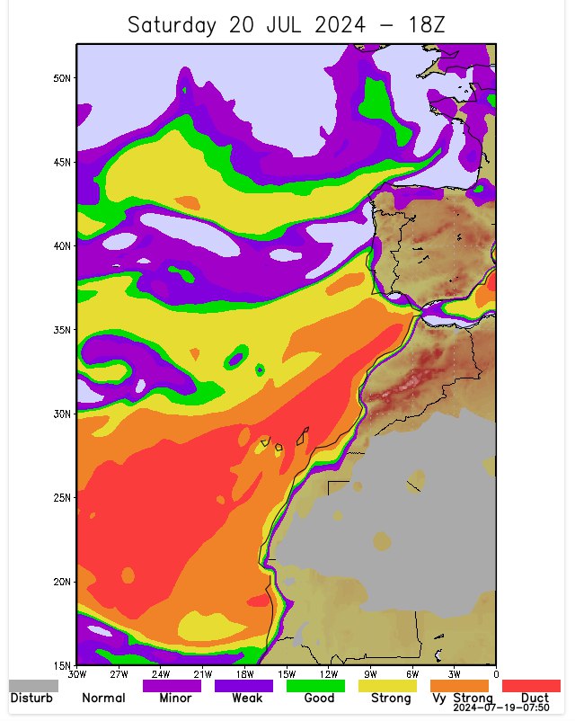 Ducto troposférico sobre el Atlántico, según una previsión de F5LEN-